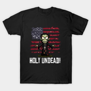 Scary Halloween Zombie Priest Preacher Happy 4th Usa American Flag July Fourth T-Shirt